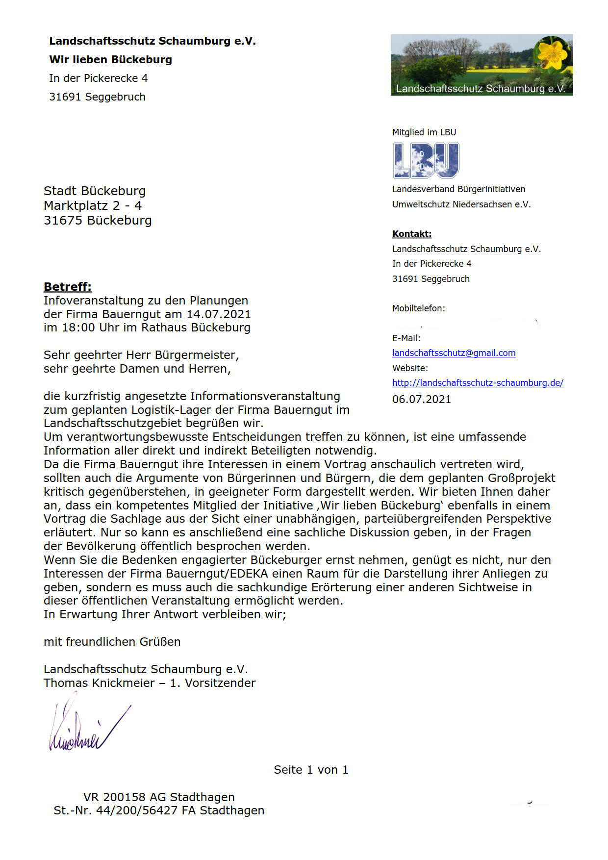 20210706   Brief an die Stadt Bueckeburg 1